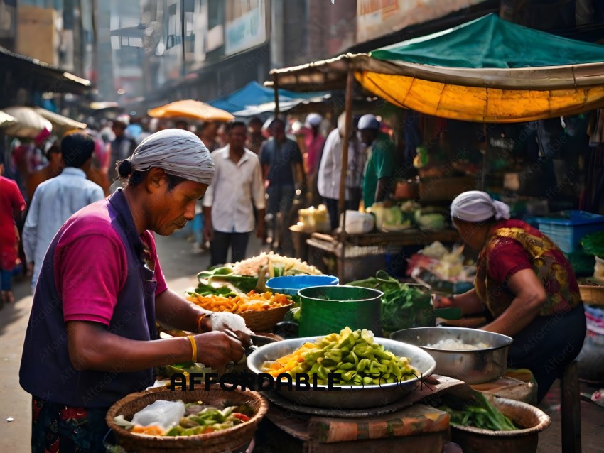 A man prepares food in a crowded marketplace