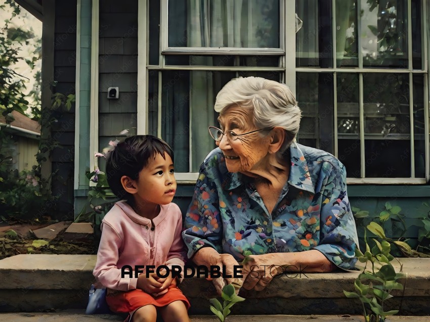 An elderly woman and a young boy sitting on a step