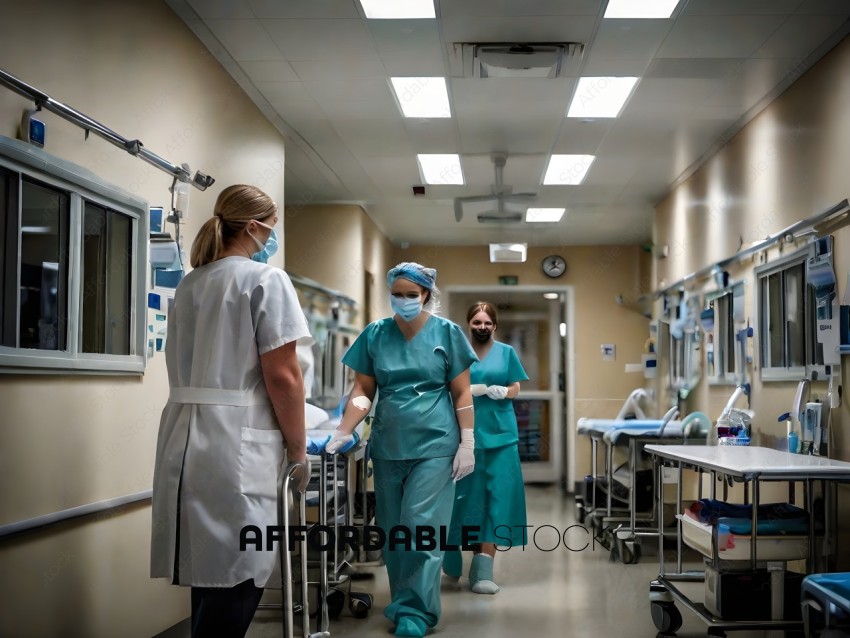 Two nurses in blue scrubs walking down a hospital hallway