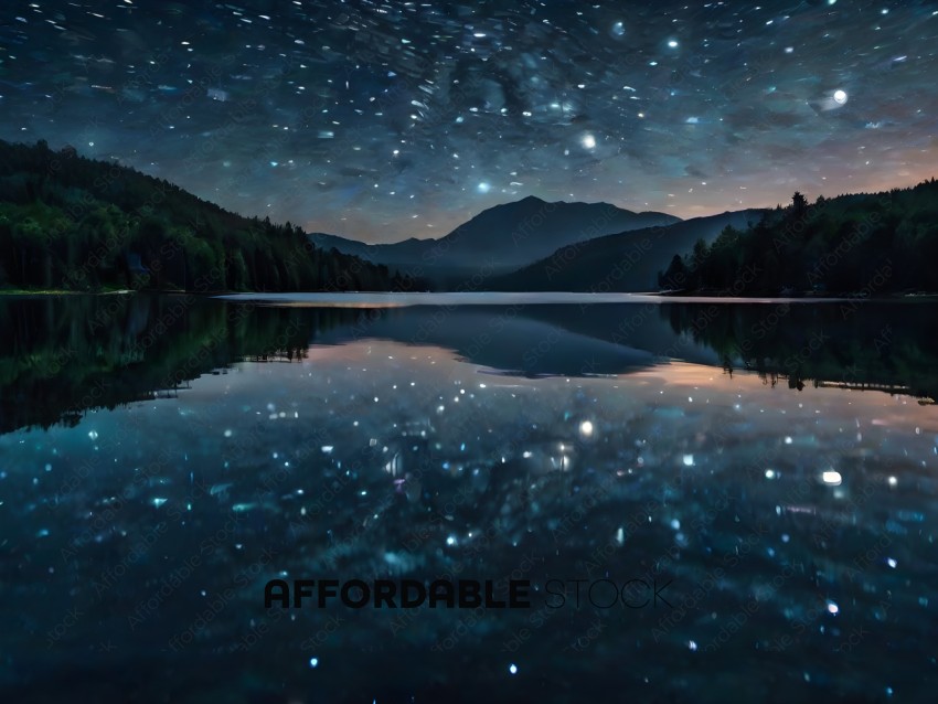 A nighttime view of a lake with stars and a mountain in the background