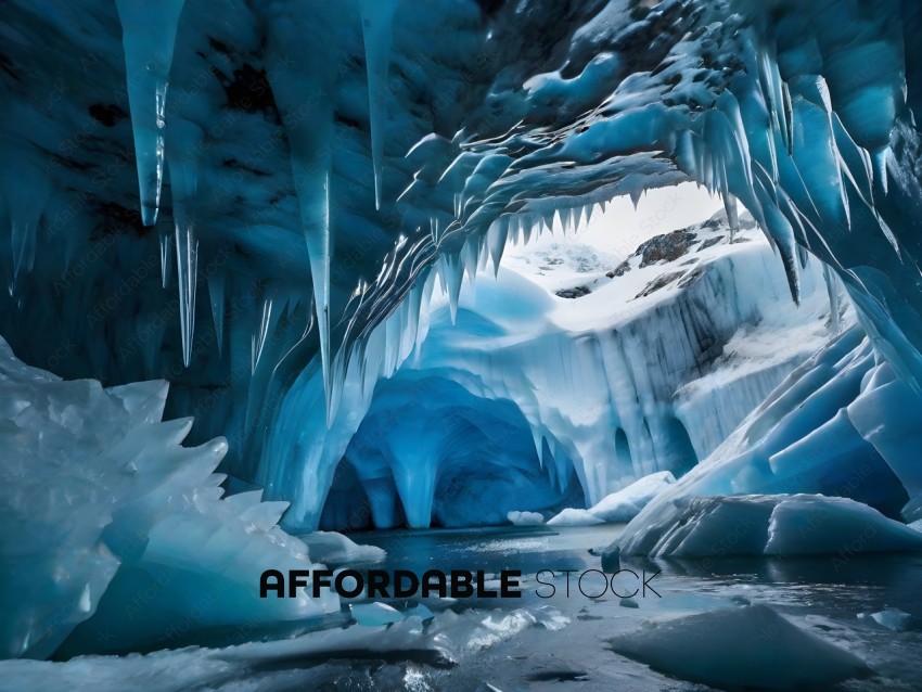 A frozen cave with blue ice