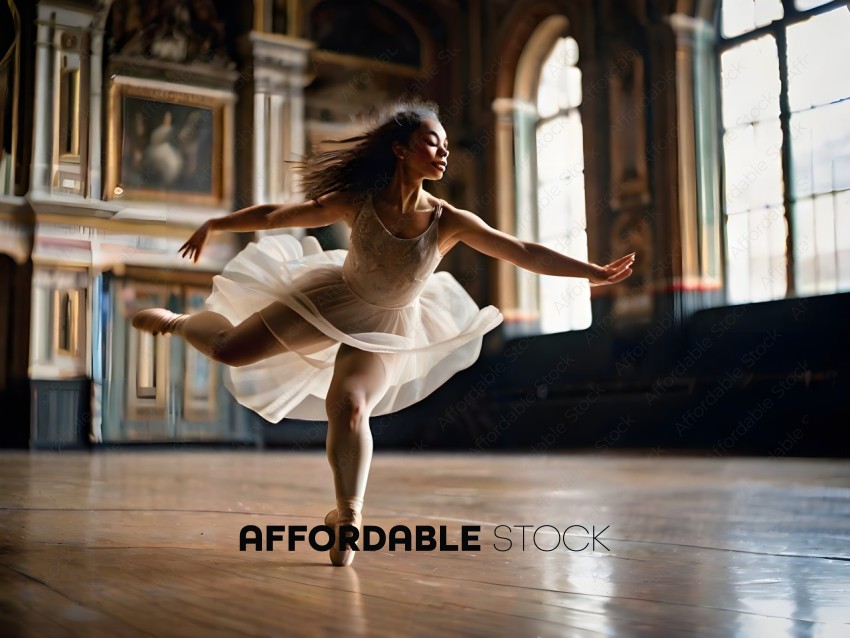 A ballerina in a white tutu and leggings dances in a grand ballroom