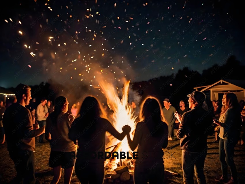 A group of people are gathered around a fire with sparklers