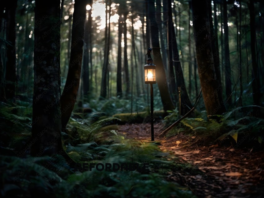 A lantern in the woods at sunset