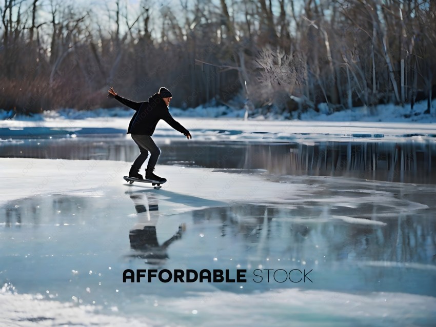A man on a skateboard on a frozen lake
