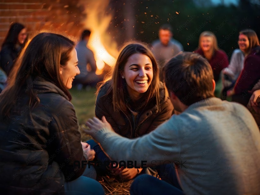 A group of people sitting around a fire, smiling and laughing