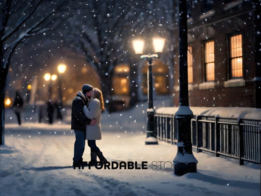 A couple kissing in the snow