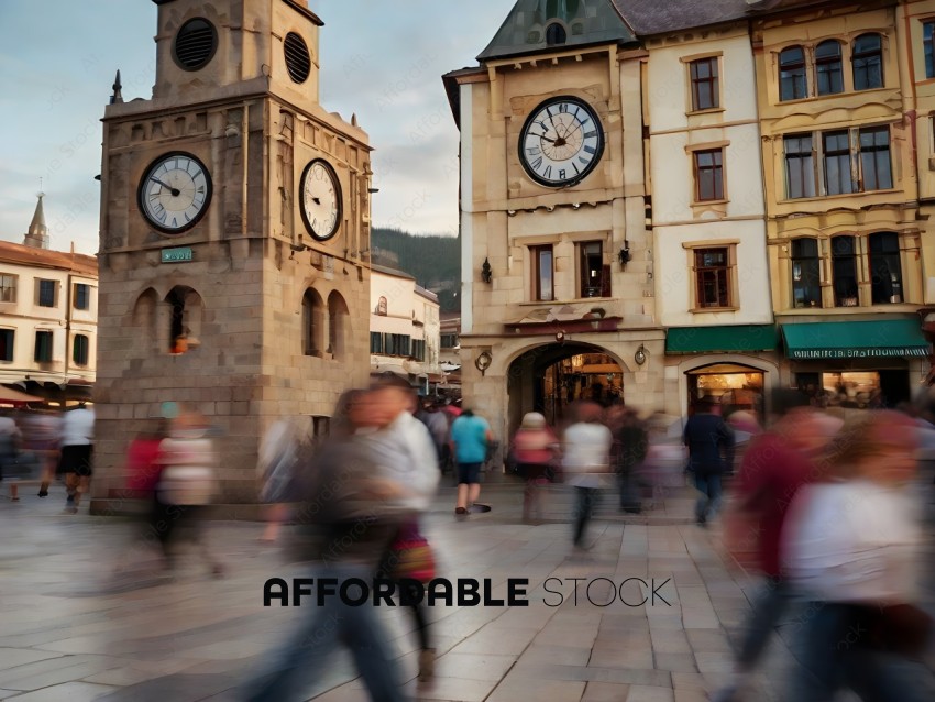 People walking in front of a clock tower