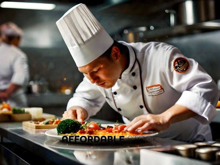 A chef in a white hat and white coat is looking at a plate of food