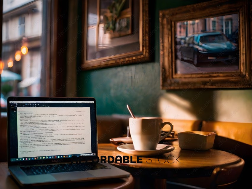 A laptop with a cup of coffee and a picture of a car in the background