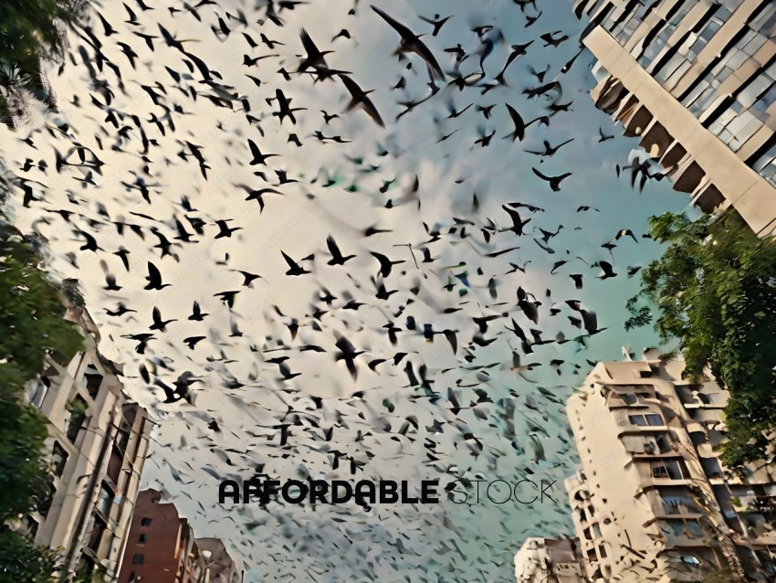 Flock of Birds Flying Over City
