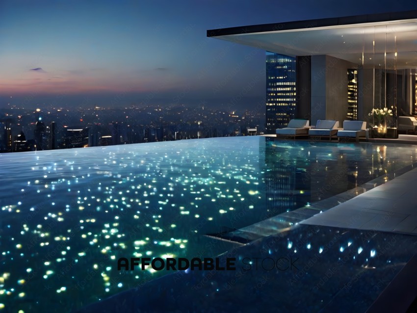 A view of a city at night from a rooftop pool