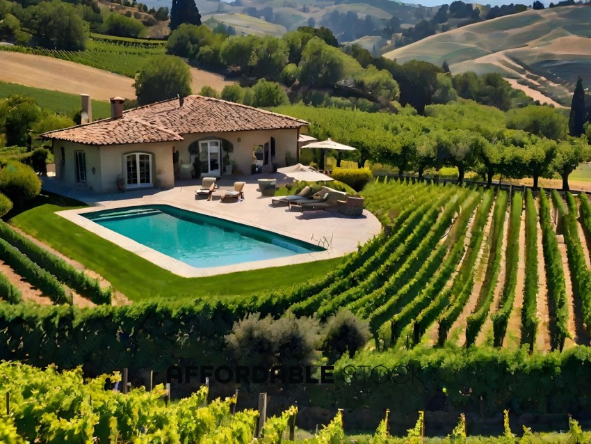A large vineyard with a house and pool