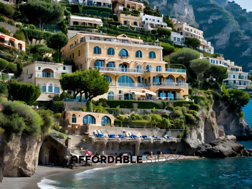A beautiful beach with a large building on the cliff