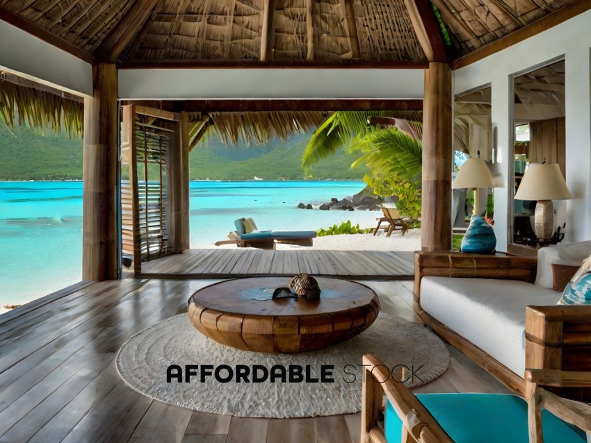 A beautiful beach house with a wooden floor and a round table