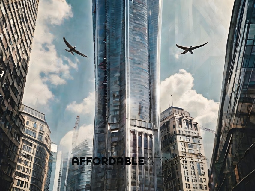 Tall Skyscraper with Two Birds Flying Above