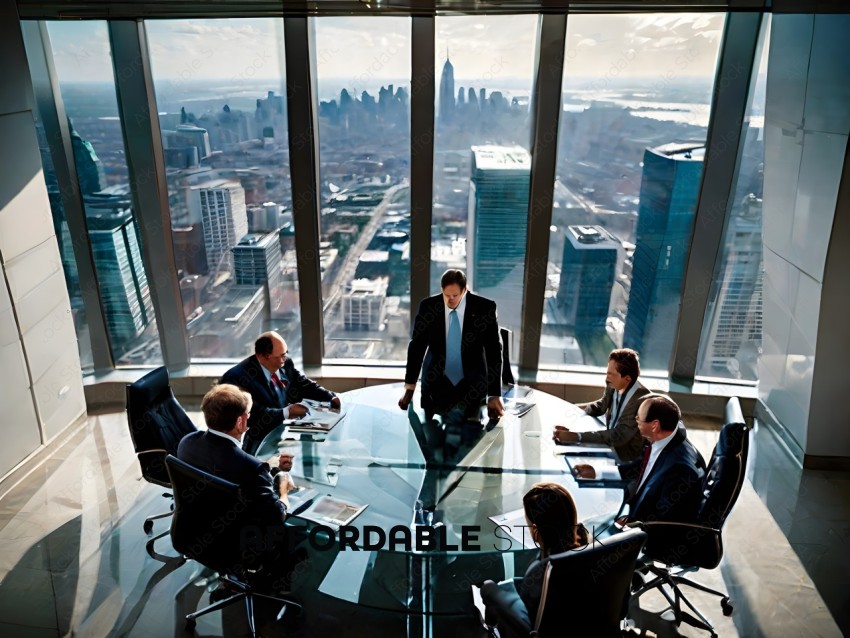 Businessmen in suits discussing business in a skyscraper