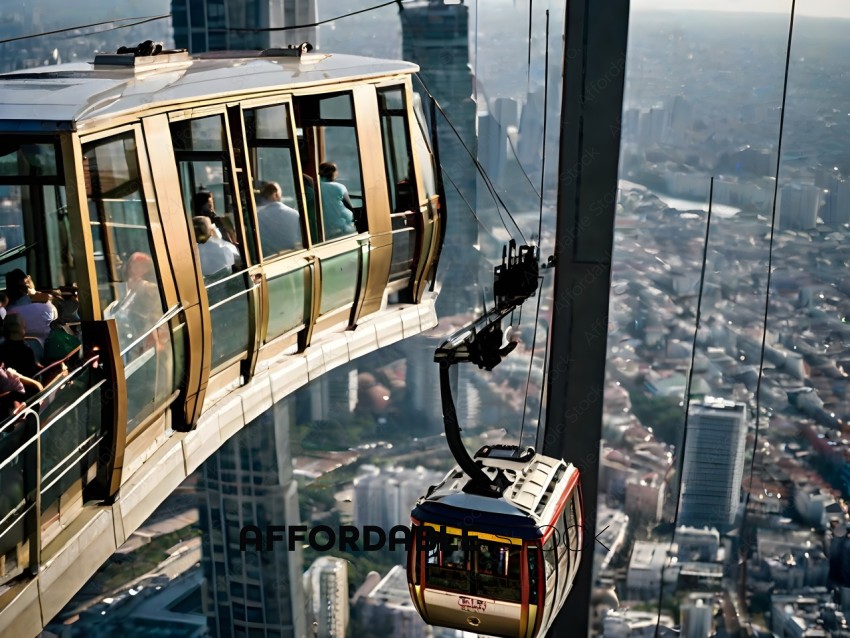 A cable car with people on it is suspended in the air