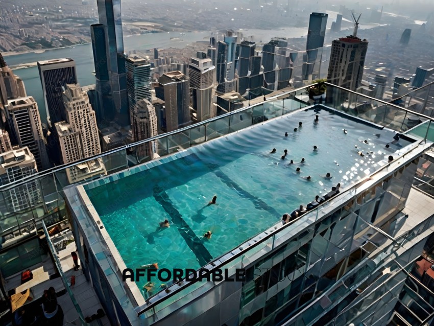 People in a swimming pool in a city