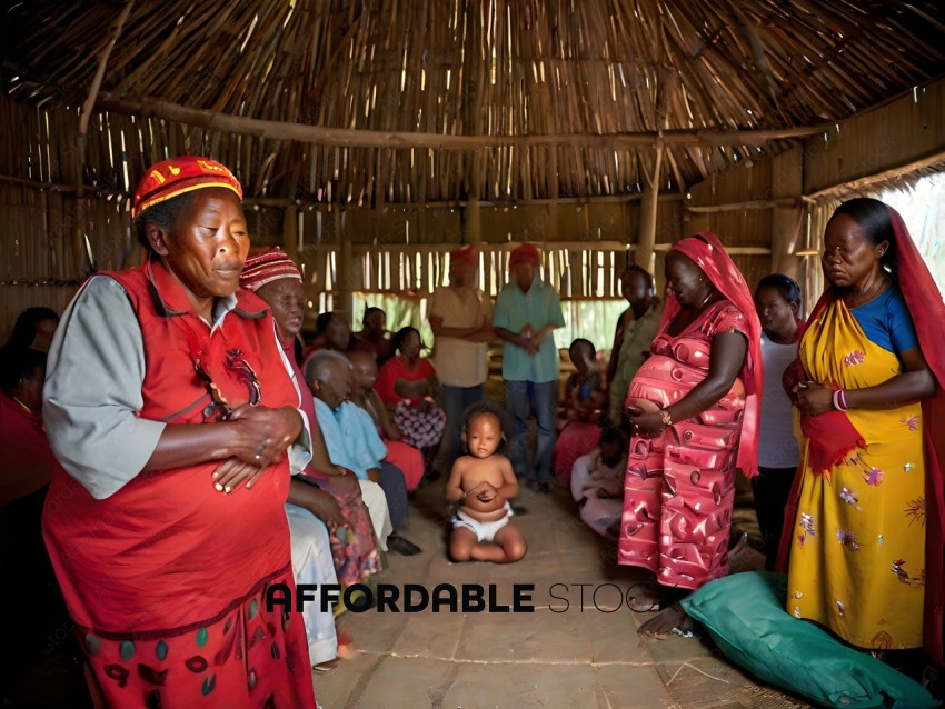 A group of people in a hut, some sitting, some standing, some wearing red