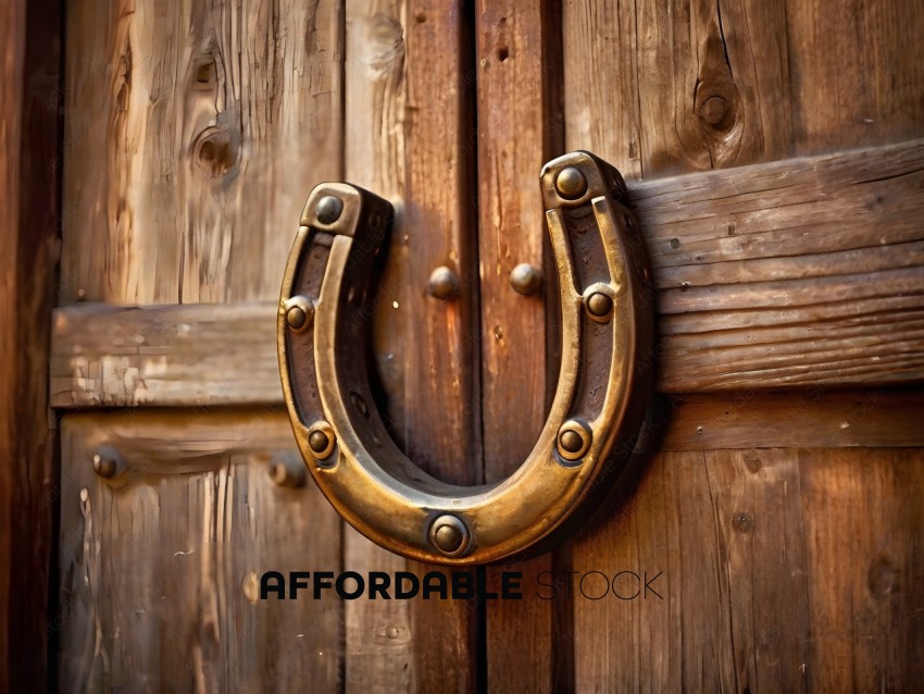 A golden horse head decoration on a wooden door