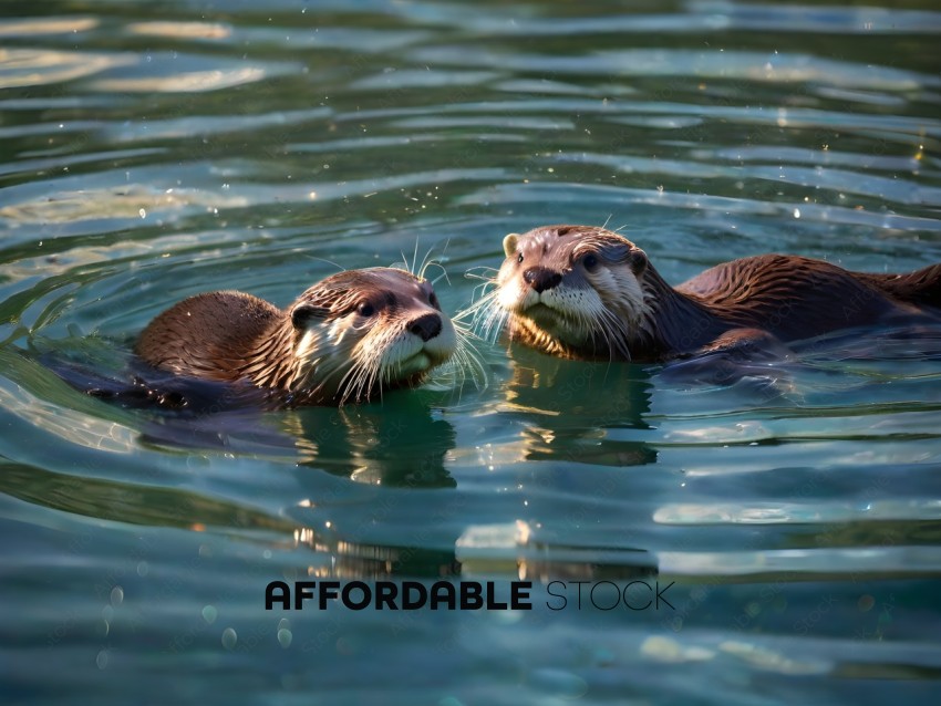 Two otters swimming in the water