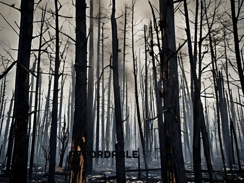 A forest fire with trees and smoke