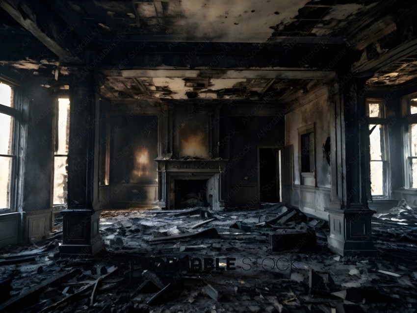 A burnt out room with a fireplace and mantle