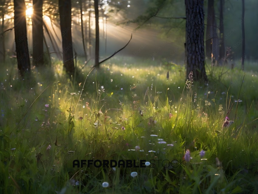 A field of flowers with sunlight shining through