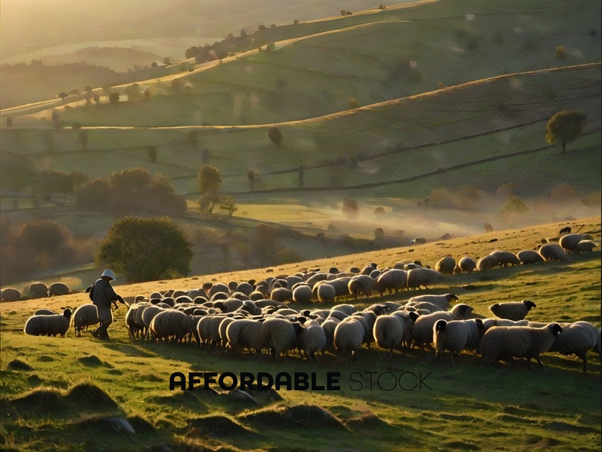 A man herds a large flock of sheep on a grassy hill