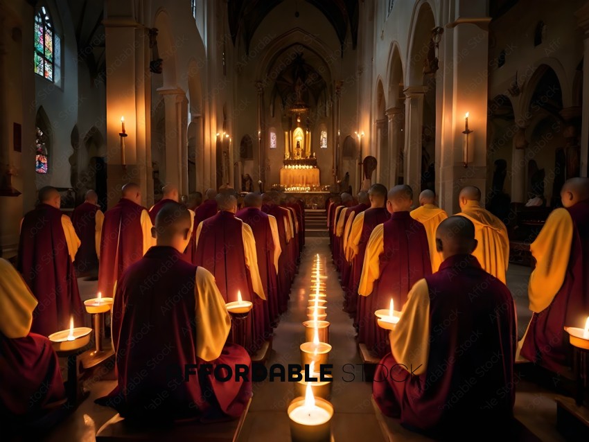 Buddhist monks sitting in a church with candles