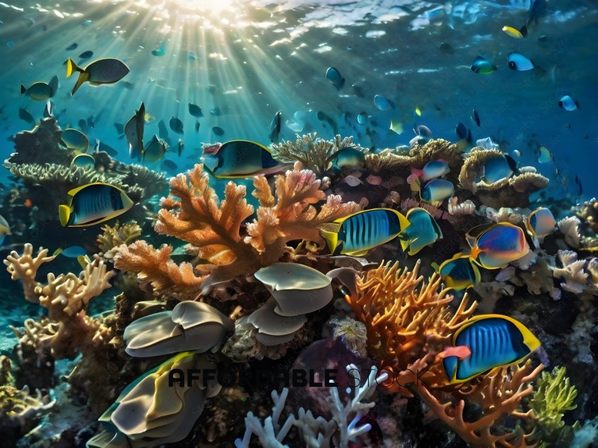 A colorful coral reef with many different fish