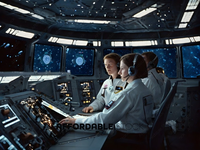 Astronauts in a control room looking at a screen