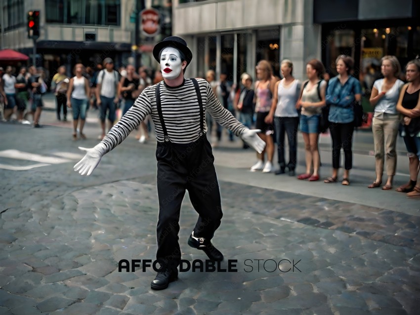 A man dressed as a clown is standing on a cobblestone street