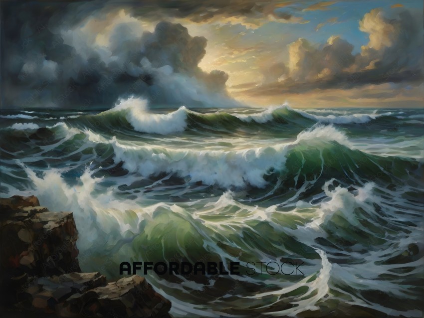 A painting of a stormy ocean with waves crashing