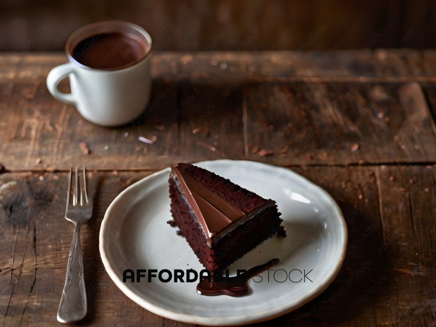 A slice of chocolate cake on a white plate with a fork and a cup of coffee