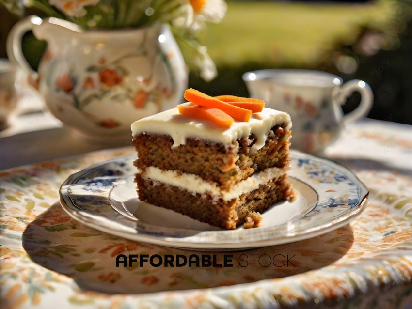A slice of cake with carrot on top