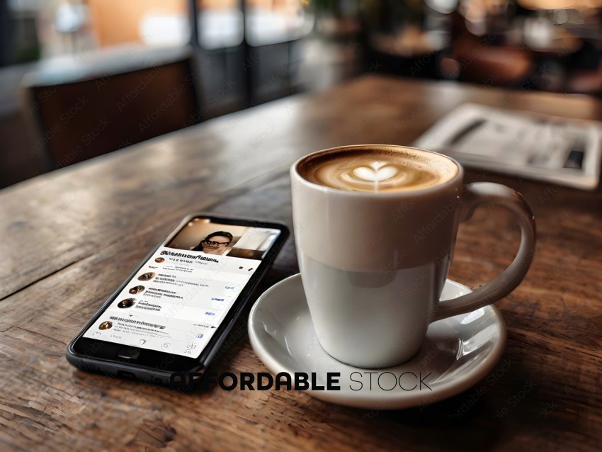 A cup of coffee and a cell phone on a wooden table