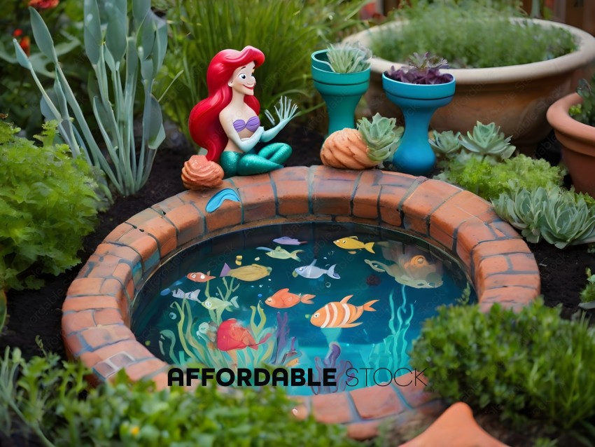A mermaid figurine sits in a garden pond