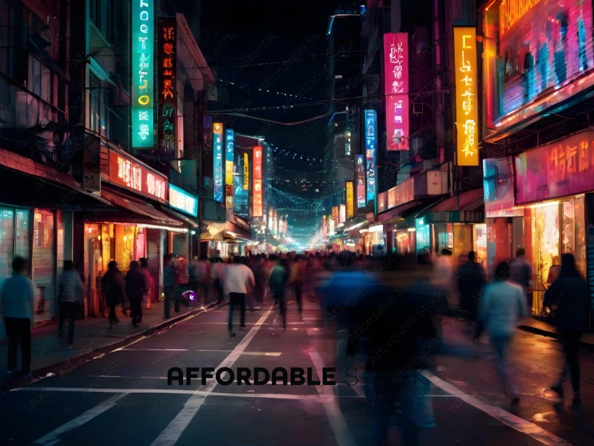 A crowded city street at night with neon lights