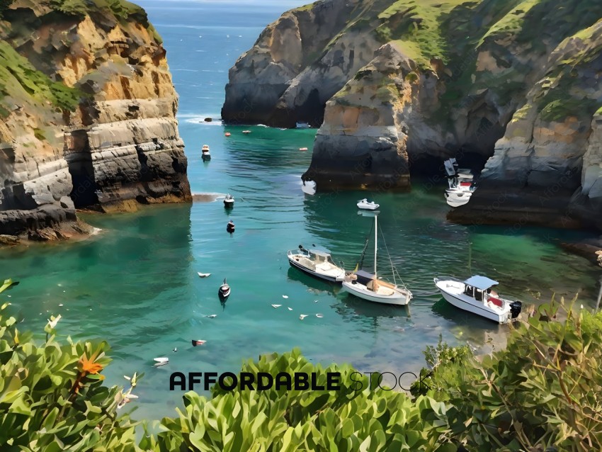 Boats in a bay with cliffs in the background
