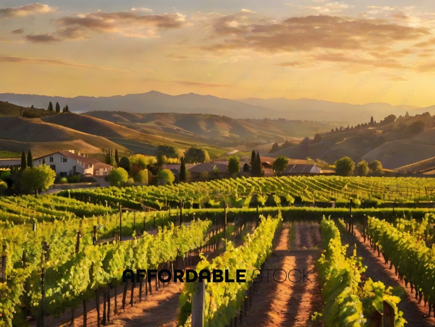 A beautiful sunset over a vineyard with mountains in the background