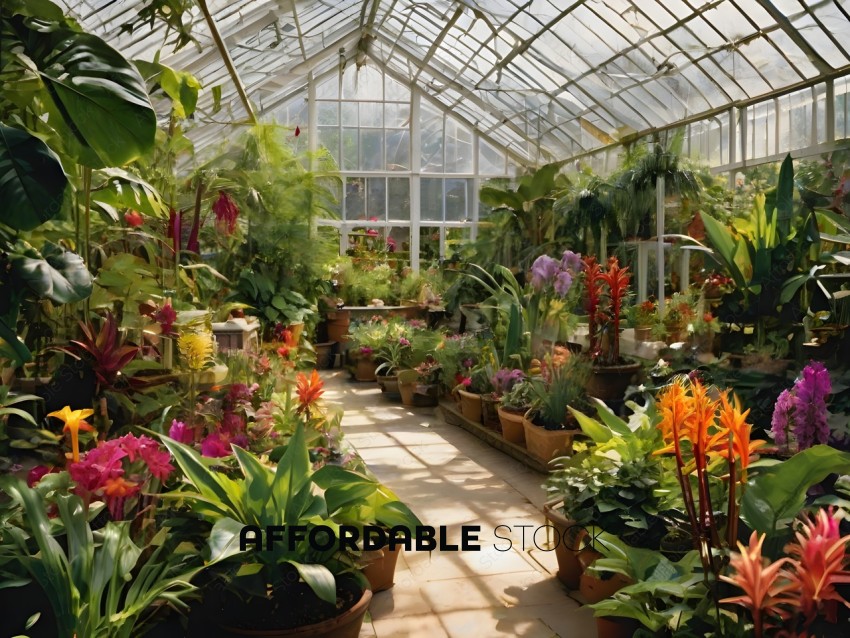 A large greenhouse filled with a variety of plants