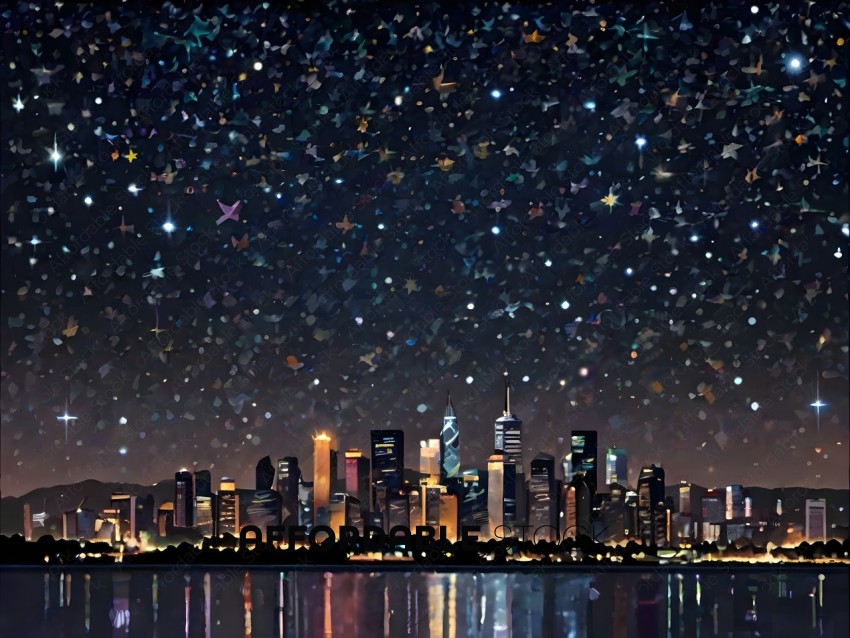 Cityscape at night with stars and lights