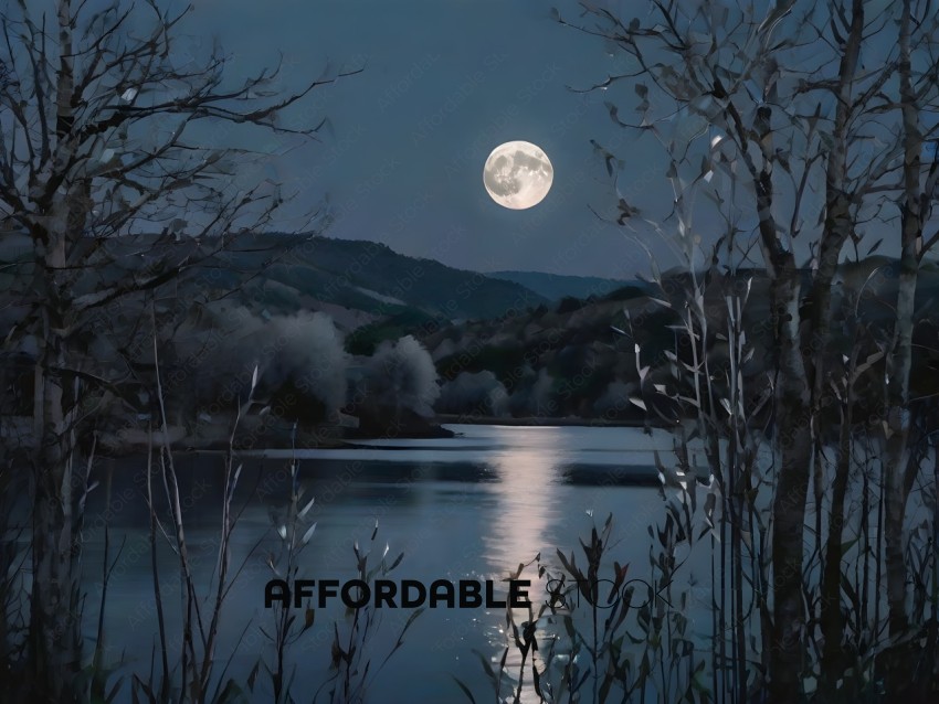 A Full Moon Rises Over a Lake at Night