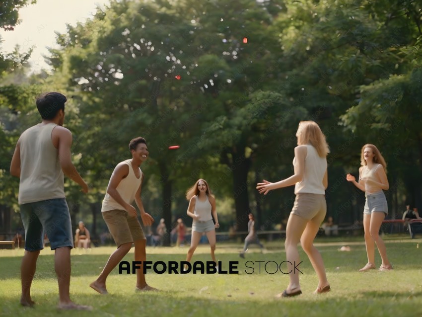 A group of people playing frisbee in a park
