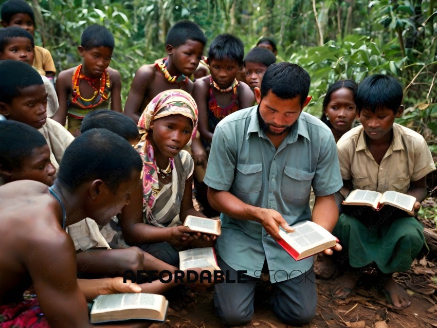 A group of people, including a man, are reading from a book