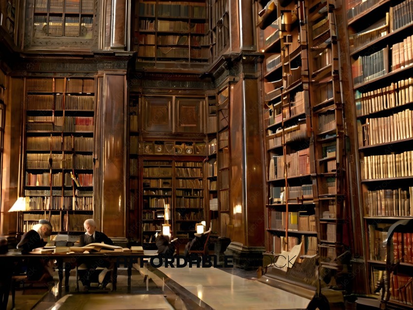 A library with a large wooden bookcase