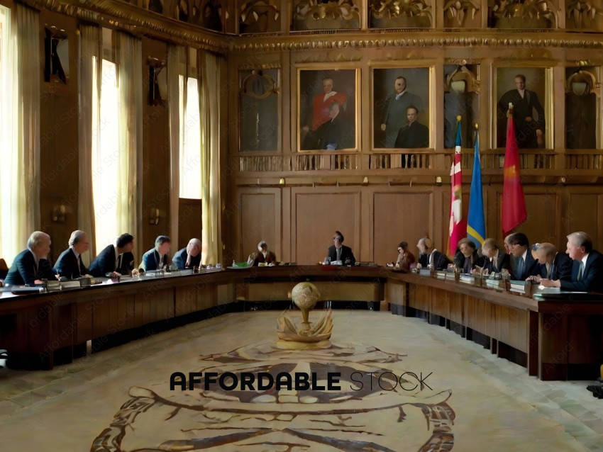 A group of people in a large room with a large table and a globe