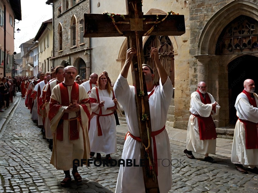 Religious procession with a cross and a crowd of people